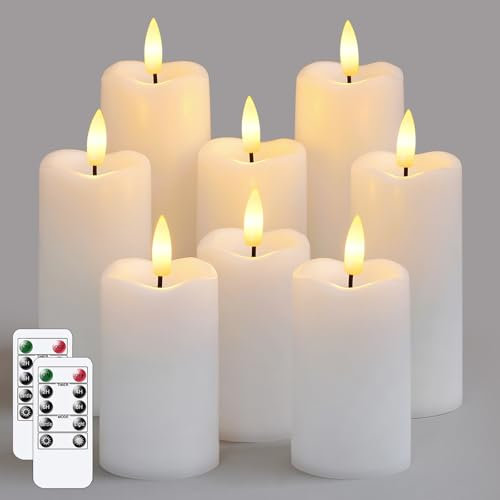 Mavandes Pack of 8 Flameless Flickering Bulk LED Candles with 2 Remote and Cycle Timer, 5.3cm x 11cm 14cm 17cm White Battery Operated Plastic 3D Wick Long Lasting 500 Hrs Pillar Candles