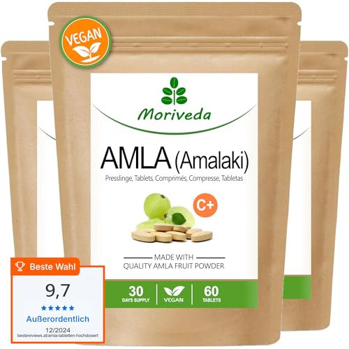 MoriVeda® Amla Tablets 1000mg Vitamin Bomb, producto natural con vitamina C, cromo, minerales, proteínas y vitaminas del grupo B, Sistema inmunitario, antioxidante (varios tamaños), 180 comprimidos