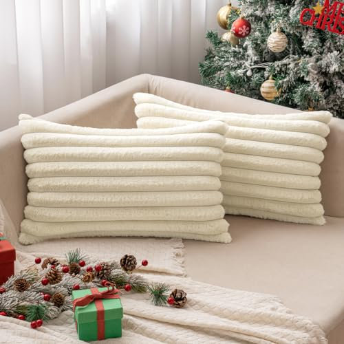 MIULEE Plüsch Samt Kissenbezug Kissenbezüge Kunstpelz weich Moderne Sofakissen Dekokissen Glatter Reißverschluss Waschbar Dekokissen Kissenhülle für Wohnzimmer Sofa 2er Set 30x50 cm Beige