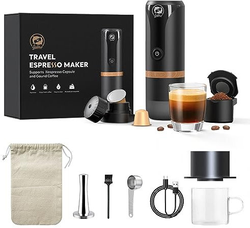 i Cafilas Portable Coffee Maker: 12 V Travel Espresso Machine 12 W, 9 Bar Pressure 2400 mAh Rechargeable Battery Heating Water for Outdoor