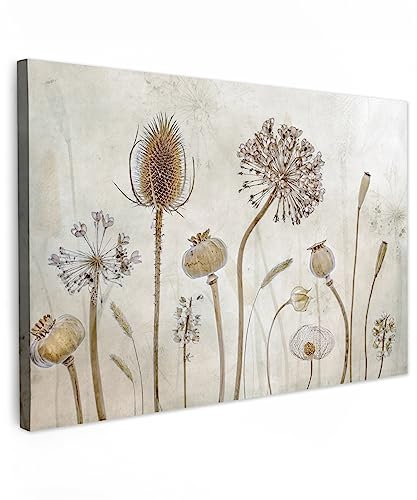 MuchoWow© Leinwandbild 90x60 cm Dekoration Wohnzimmer Bilder Aufhängen Wall Decoration Living Room Wohnungs Wanddeko Vintage Deko Moderne Blumen - Aquarell - Stillleben - Braun - Vintage