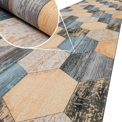 ANRO Küchenläufer Teppich Läufer Küchenteppich Flur Läufer Küche awaschbar pflegeleicht Holz Patchwork 260x65cm