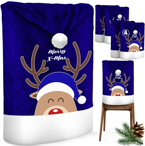 KESSER® Premium Weihnachtsstuhlüberzug 4er Set Stuhlhussen für Weihnachten Nikolausmütze Stuhlbezug Husse Weihnachtsdeko für Stühle Überzieher - Stuhlabdeckung im weihnachtlichen Design
