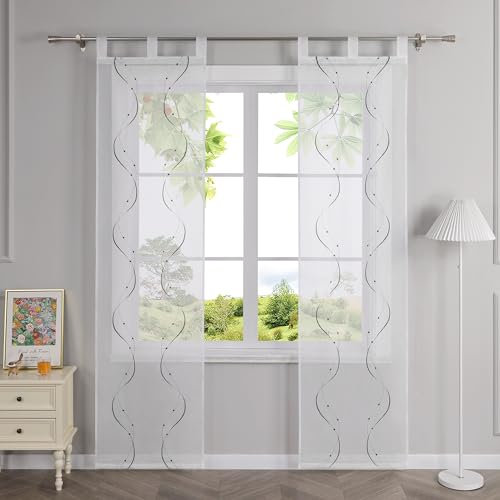 HeichkelL Schiebegardinen mit Schlaufen Transparent Schiebevorhänge Flächenvorhänge mit Wellen Stickerei 2er Set Gardinenschal Grau BxH 57x225 cm