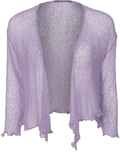 Kiran Fashion Womens Tie Up 3/4 Sleeve Ladies Fine Knit Bolero Cropped Stretchy Shrug Top Jacket Cardigan One Size (UK, Alpha, One Size, Regular, Regular, Lilac)