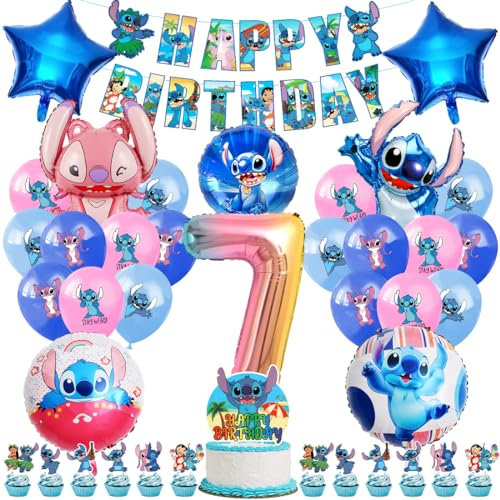 Luftballons Kinder Geburtstag Deko 7 Jahre, Foil Balloons Geburtstagsdeko, Party Deko Set mit Tortendeko und Happy Birthday Banner für Kindergeburtstag 7. Mädchen Junge Party Dekoration