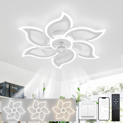 LJX Lámpara Ventilador Techo Salon Silencioso Dc 88cm Ventilador Techo con Luz Diseño 6800ml 6 Velocidades Temporizador Regulable Función Memoria Flor Ventilador para Dormitorio, Blanco