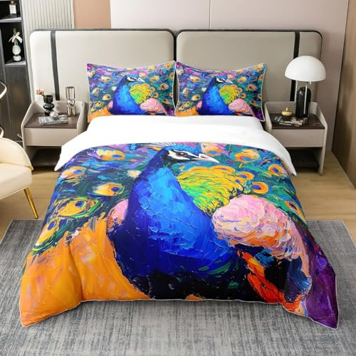 Homewish 100% Baumwolle Pfau Bettbezug Pfau Feder Bettwäsche Set für Kinder Erwachsene Mädchen Wilde Tiere Tröster Bezug 135x200 Ölgemälde Retro Hippie Boho Stil Bett Set 1 Kissenbezug