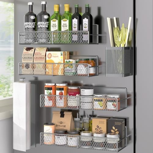 DTUQYX Magnetic Spice Rack, Refrigerator Organizer, 6 Pack Metal Grey Magnetic Shelf with Paper Towel Holder, Utensils Holder, Strong Magnets, Space Saving