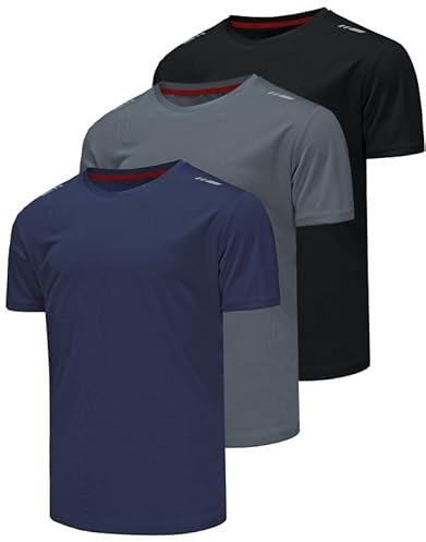 Csqtongan 3er Pack Sport Tshirts Herren Funktionsshirt Sportshirt Kurzarm T-Shirt Schnelltrocknend Atmungsaktiv Sport Shirt Männer Laufshirt Gym Trainingsshirt Herren, Schwarz/Grau/Marineblau XXL