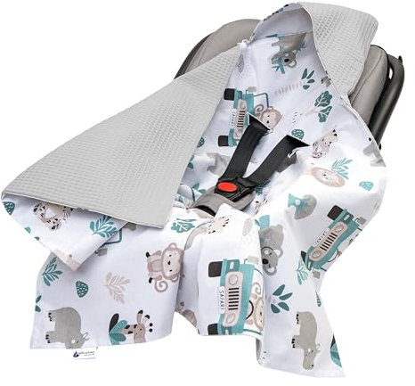 Medi Partners Einschlagdecke Baby Babyschale 100% Baumwolle für Sommer 85x85cm Kinderwagen Kuscheldecke universal Baby Decke Einschlagdecken Babydecke Buggy Autositz (Mint Zoo mit Grauer Waffel)