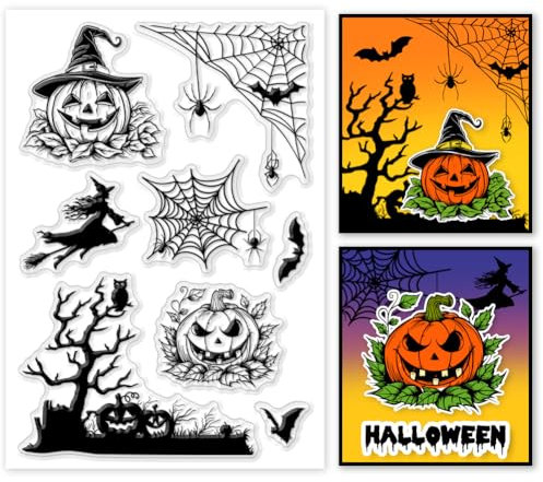 PH PandaHall Halloween-Thema klar Stempel, Kürbis-Silikonstempel Spinnennetz Hexe Fledermaus Transparenter Gummistempel für Halloween Kartengestaltung, Fotoalben, Scrapbooking, Geschenkanhänger