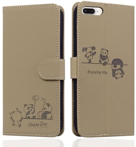 Butnyeoe for iPhone 7 Plus Phone Case, iPhone 8 Plus Wallet Case, Leather Magnetic Book Flip Protective Cover with Card Holder, Cute Cartoon Panda Khaki