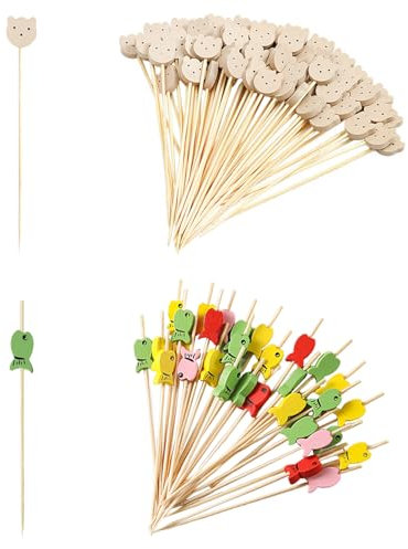 NXPWRC 100 Bear Head + 100 Fish Skewers, 200pcs Reusable Plastic Fruit & Cocktail Skewers, Brown Bear Head & Mixed Color Fish