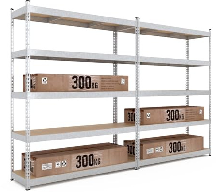 baudim 2er Set Schwerlastregal Titan Gesamtlast 1500 kg 5 MDF-Böden Verzinkt robuste Steckregal, 216x120x50 cm, Lagerregal, Kellerregal, Garagenregal, Werkstattregal