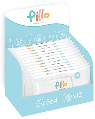 Pillo Lingettes Bébé - 864 x Lingettes Enfants Humidifiées - 12 paquets de 72 Lingettes Bébé Désinfectantes - 99,6 % d'Ingrédients d'origine naturelle avec Aloe Vera et eau active d'avoine