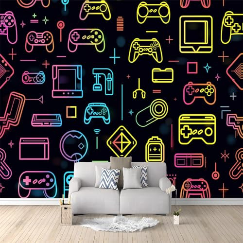 Neon Coloured Game Console Wallpaper Bedroom Kids Boys 3D Wallpaper Mural 250x175 cm Black Kids Teens Room 3D Poster Photo Wall Decoration Themed Room Playroom