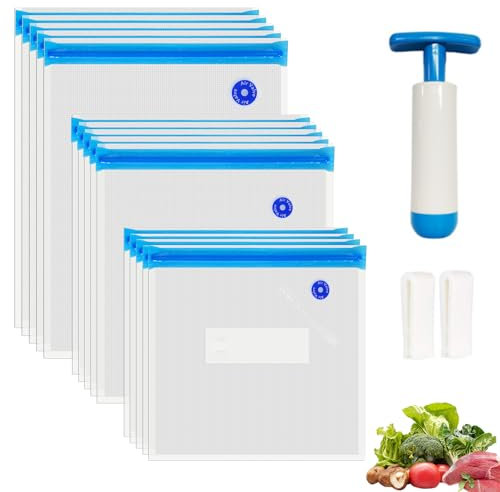 O2frepak Bolsas reutilizables para envasado al vacío(paquete de 15),sin BPA,3 tamaños,con bomba y 2 clips de sellado para cocinar al vacío y almacenar alimentos(juego azul)