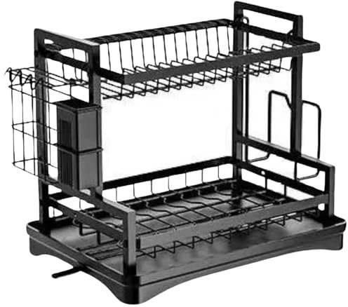 MY HOMIE Double Layer Kitchen Dish Rack, 42x31x33 cm 2 Tier Multifunctional Iron Dish Drying Rack with Drainboard and Utensil Holder Rustproof SpaceSaving Dish Drainer for Kitchen Countertop - Black