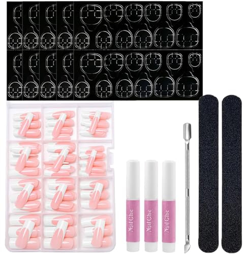 240 Pcs French Coffin Press-on Nails Set - Pink Color Fake Nails Kit with Full Coverage - Ballerina Nail Art Manicure - Easy Stick On Design