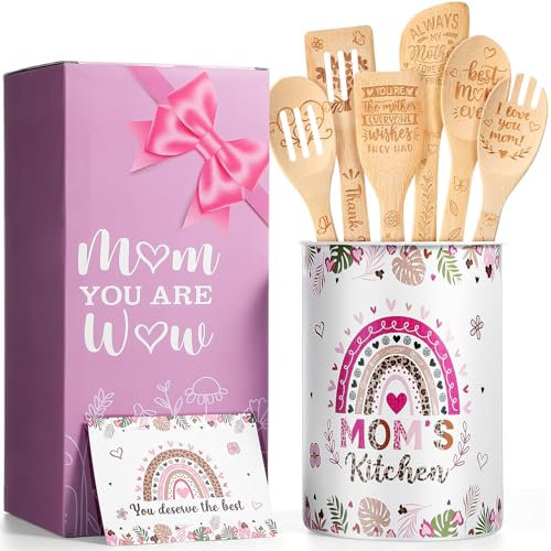 Reallnaive Mom Gifts Set Include Stainless Steel Utensil Holder Wooden Cooking Spoons Greeting Card Gift Box for Mothers Day Birthday Kitchen Stuff Gifts for Mom