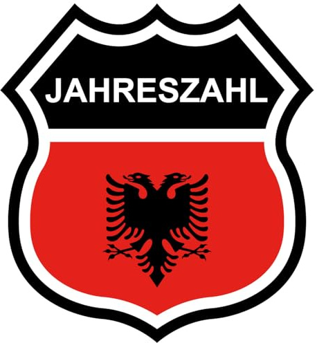 Samunshi® Albanien Wappen mit Flagge und Jahreszahl Fahne Aufkleber Insigne Wohnmobil Aufkleber für Motorrad Fahrrad Roller oder Camper Camping Wohnwagen Mountainbike Rennrad 7,4 x 8cm