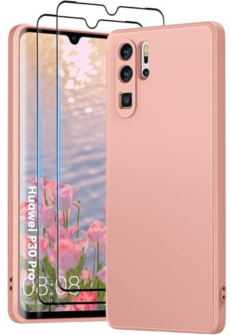 PuyaTeya 3 in 1 Hülle für Huawei p30 pro, mit 2 Stück 9H Panzerglas Premium Liquid Silikon Hülle, mit 4-Layer stoßfeste abriebfestes, Soft Mikrofaserfutter Kratzfes Schutzhülle (Rose)