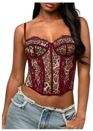 GORGLITTER Women's Leopard Print Lace Corset Tops Asymmetrical Bustier Crop Corsets Camisole Clubwear