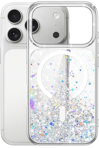 JETech Magnetic Glitter Case for iPhone 17 Pro, Clear | Compatible with MagSafe, Sparkle Bling Design, Shockproof Protection, Cute Shiny Aesthetic for Women and Girls