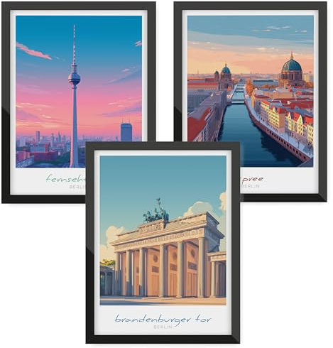 Donari Städte Poster Set – Wandbilder mit Skyline & City Motiven | New York, London, Paris & mehr | Moderne Wanddeko für Wohnzimmer & Büro (Set 8 - Berlin, 30x40 cm, Schwarzer Rahmen)