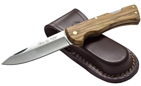 MIGUEL NIETO Navaja Alpina 044-F, Plegable, Hoja de 8 cm. de Acero inoxidable AN-58, Mango de Madera de Olivo, Sistema de Cierre de Bloqueo, Con Funda de Cuero color Marrón