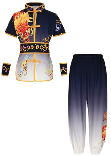 Miutii Conjunto de deporte para niños y niñas, uniforme de Tai Chi, camiseta de Kung Fu y pantalones Wushu Chándal chino Kung Fu Wing Chun, C Negro Blanco, 134-140