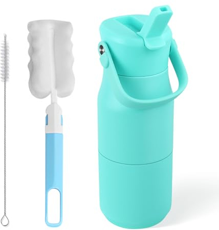 Kids Insulated Water Bottle 400ml, Leakproof Stainless Steel Thermal Bottle with Straw & Cleaning Brushes, BPA-Free, Lightweight Travel Flask for School, Nursery & Outdoor(Light Blue)