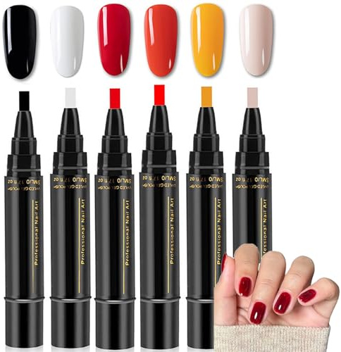 6PCS Polish Nail Polish Pens UK, Nail Varnish Pens 3 In 1 Gel Nails Polish Pen Set, One Step DIY Nails Varnish Pen, No Base Coating Required, DIY Nail Pens for Girls and Ladies (6Colors C)