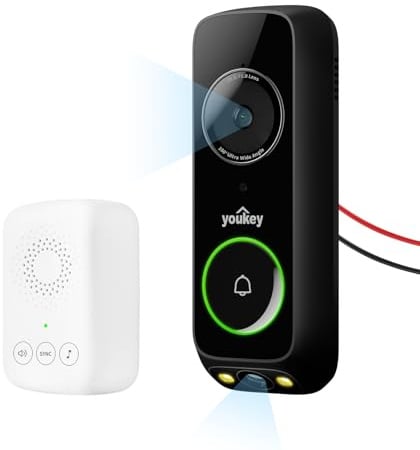 youkey Campanello video wireless con doppia fotocamera — Vista dalla testa ai piedi, campanello a batteria 2K FHD con archiviazione locale, nessun canone mensile, rilevamento dei pacchi, WiFi a 5Ghz