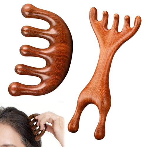 2er Set Holz Kopfhaut Massagebürste, Handgeschnitztes Massagewerkzeug zur Tiefenentspannung & Durchblutungsförderung, Natürliches Kopfhaut Massagebürste für Wohlfühl-Kopf Massage und Haarpflege