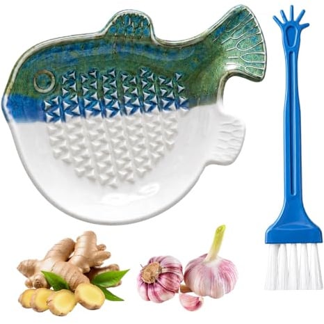 Garlic Grater Plate, Ceramic Grating Plate with Cleaning Brush | Ceramic Fish-Shaped Ginger Grater Plate, Grating Plate for Kitchen Ingredient Preparation, Unique Kiln-Changed Color