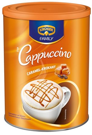 KRÜGER Family Cappuccino Caramel-Krokant, Instantkaffee, 450g Dose | aromatisiertes Getränkepulver | löslicher Bohnenkaffee | koffeinhaltig