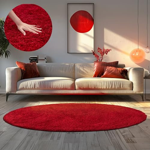 HomebyHome Teppich Rund Hochflor 200 cm Rund - Shaggy Runder Teppich Wohnzimmer Rot Extra Weich und Flauschig - Waschbarer Langflor Teppiche für Schlafzimmer, Küche, Flur - Carpet, Halı, Kilim