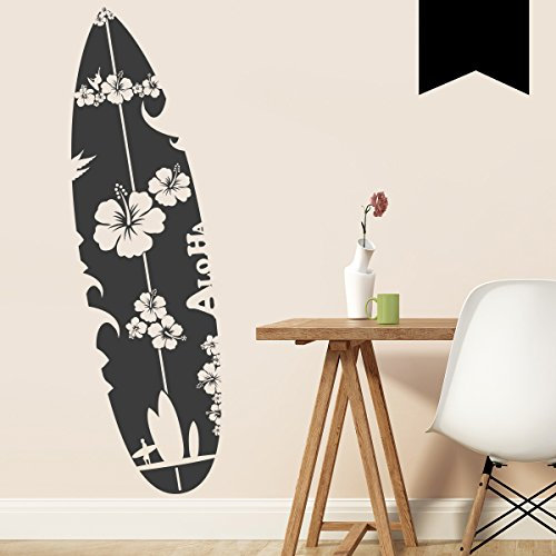 WANDKINGS Wandtattoo - Surfbrett mit Blumen - 48 x 160 cm - Schwarz - Wähle aus 5 Größen & 35 Farben