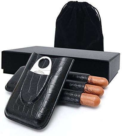 Étui à cigares en cuir noir, y compris l'ensemble de coupe, étui à cigares en cuir voyageant 3 boîte d'humidificateur de tubes, emballé par la boîte-cadeau gentille (Noir)