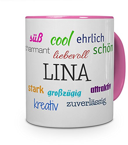 printplanet Tasse mit Namen Lina - Positive Eigenschaften von Lina - Namenstasse, Kaffeebecher, Mug, Becher, Kaffeetasse - Farbe Rosa