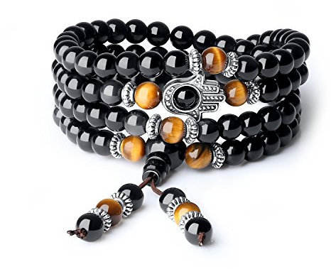 COAI Geschenkideen 108 Malakette Gebetsarmband Glücksarmband Wickelarmband mit 6 mm Obsidian Tigerauge Perlen Buddhistische Halskette für Damen Herren