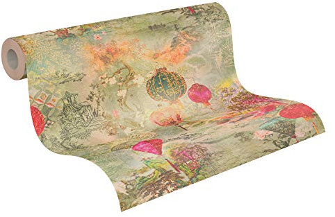 A.S. Création Vliestapete Asian Fusion Tapete mit japanischem Garten 10,05 m x 0,53 m grün gelb rot Made in Germany 374661 37466-1