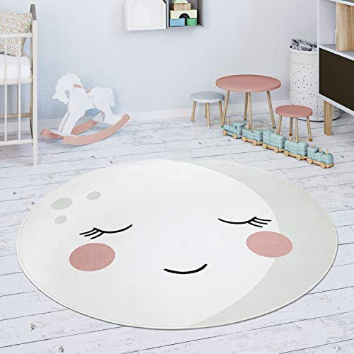 Paco Home Kinderteppich Teppich Rund Kinderzimmer Spielmatte Mond Motiv Creme Weiß, Grösse:150 cm Rund