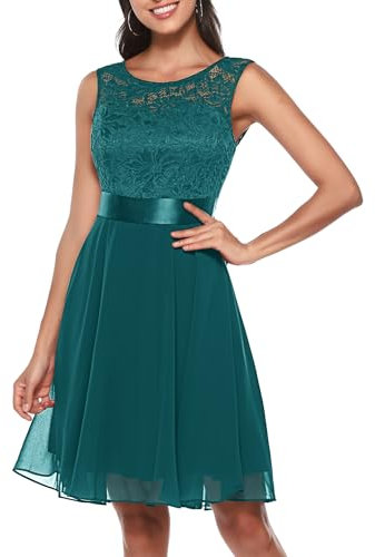 Berylove Femme Robe de Cocktail Courte Top Dentelle Jupe Mousseline Swing pour Bal Mariage 7005 Peacock Green S