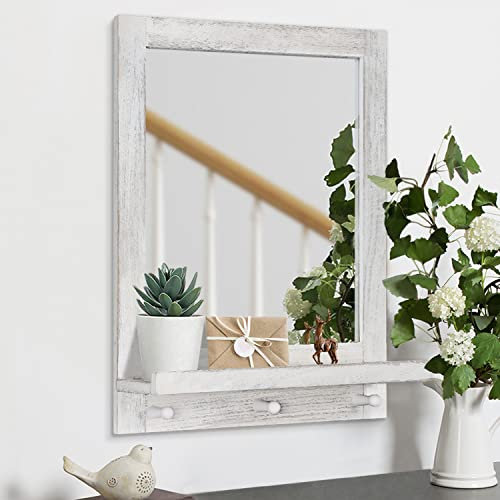 AOAOPQ Badspiegel mit Regal und Haken Rustikaler Holzwandspiegel mit Ablagen für Wohnzimmer Schlafzimmer Eingang Flur Bauernhaus Weißrahmen Spiegel Wandmontage