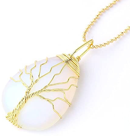 &ET Edelstein Kette, Goldene Wicklung Umwickelt Natürliche Edelstein Tropfenform Opal Anhänger Lebensbaum Halskette Mit Goldener Kette Weihnachtsschmuck für Damen Herren