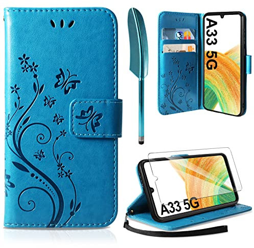 AROYI Lederhülle Kompatibel mit Samsung Galaxy A33 5G Hülle und Schutzfolie, Flip Wallet Handyhülle PU Leder Tasche Case Kartensteckplätzen Schutzhülle Kompatibel mit Samsung Galaxy A33 5G
