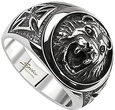 Taffstyle Herren Ring Edelstahl Massiv Breit Herrenring Männer Biker Rocker 3D Löwenkopf Cross Kreuz Löwe König Siegelring Silber Größe 60 (19.1)